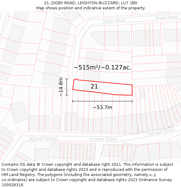 21, DIGBY ROAD, LEIGHTON BUZZARD, LU7 1BX: Plot and title map