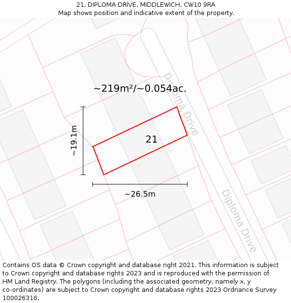 21, DIPLOMA DRIVE, MIDDLEWICH, CW10 9RA: Plot and title map