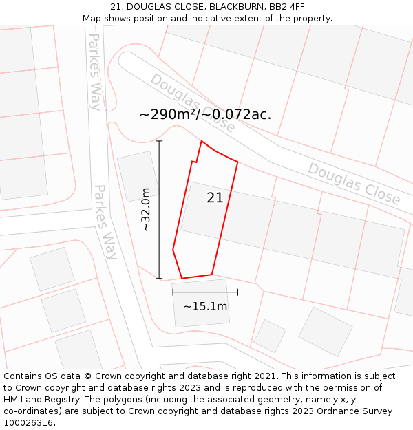 21, DOUGLAS CLOSE, BLACKBURN, BB2 4FF: Plot and title map