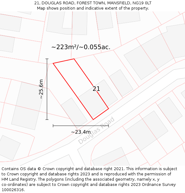 21, DOUGLAS ROAD, FOREST TOWN, MANSFIELD, NG19 0LT: Plot and title map