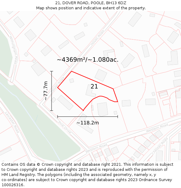 21, DOVER ROAD, POOLE, BH13 6DZ: Plot and title map