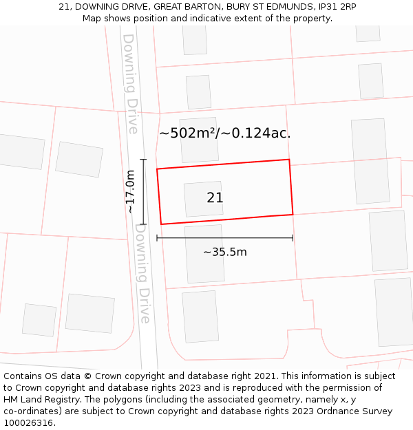 21, DOWNING DRIVE, GREAT BARTON, BURY ST EDMUNDS, IP31 2RP: Plot and title map