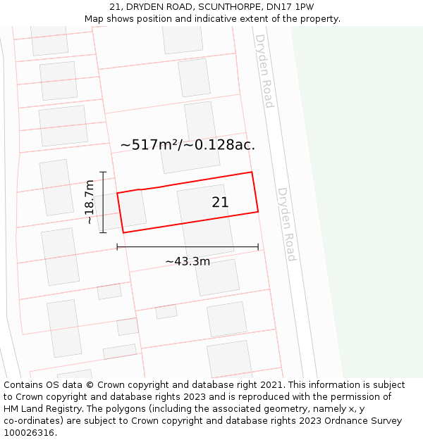 21, DRYDEN ROAD, SCUNTHORPE, DN17 1PW: Plot and title map