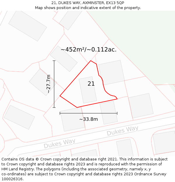 21, DUKES WAY, AXMINSTER, EX13 5QP: Plot and title map