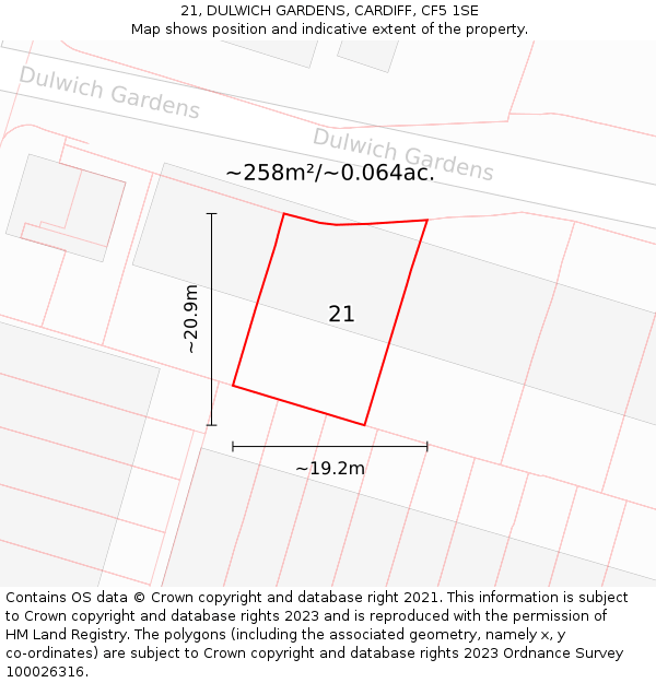 21, DULWICH GARDENS, CARDIFF, CF5 1SE: Plot and title map