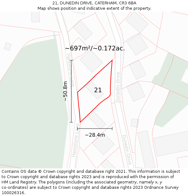 21, DUNEDIN DRIVE, CATERHAM, CR3 6BA: Plot and title map