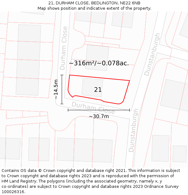 21, DURHAM CLOSE, BEDLINGTON, NE22 6NB: Plot and title map