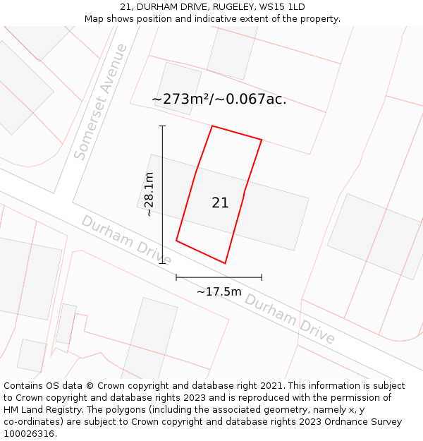 21, DURHAM DRIVE, RUGELEY, WS15 1LD: Plot and title map