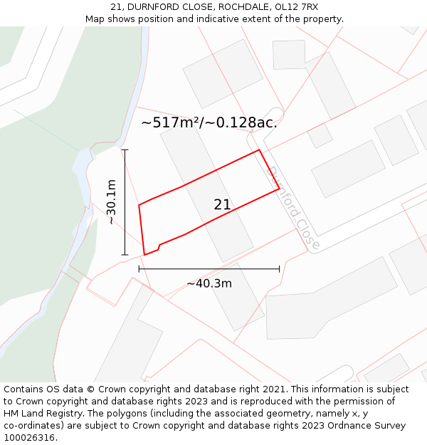 21, DURNFORD CLOSE, ROCHDALE, OL12 7RX: Plot and title map