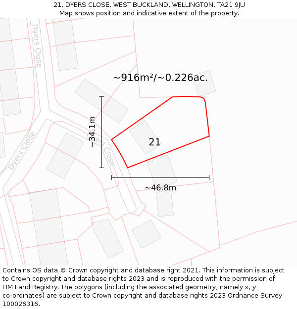 21, DYERS CLOSE, WEST BUCKLAND, WELLINGTON, TA21 9JU: Plot and title map