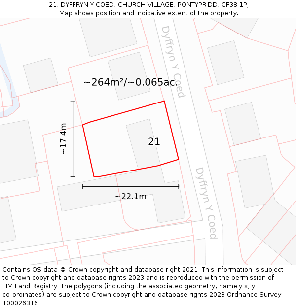 21, DYFFRYN Y COED, CHURCH VILLAGE, PONTYPRIDD, CF38 1PJ: Plot and title map