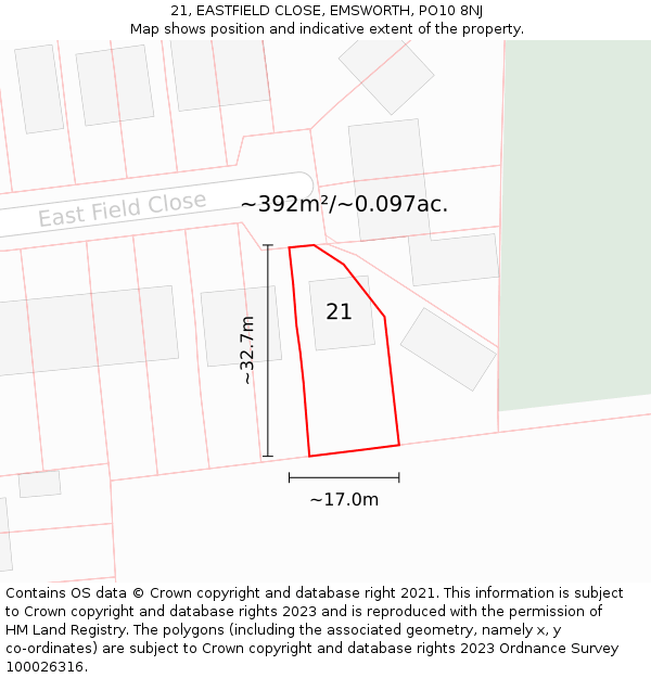 21, EASTFIELD CLOSE, EMSWORTH, PO10 8NJ: Plot and title map