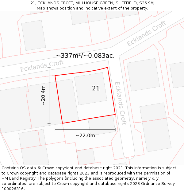 21, ECKLANDS CROFT, MILLHOUSE GREEN, SHEFFIELD, S36 9AJ: Plot and title map