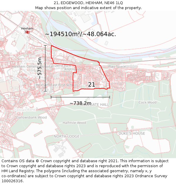 21, EDGEWOOD, HEXHAM, NE46 1LQ: Plot and title map