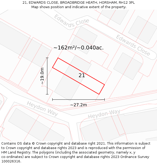 21, EDWARDS CLOSE, BROADBRIDGE HEATH, HORSHAM, RH12 3PL: Plot and title map