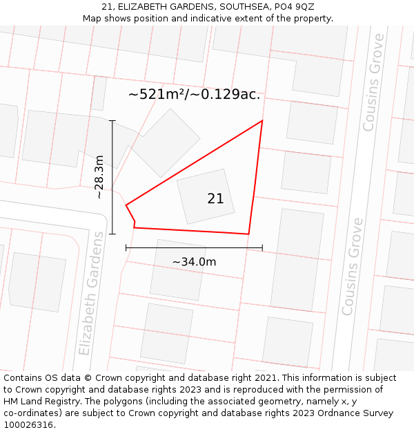 21, ELIZABETH GARDENS, SOUTHSEA, PO4 9QZ: Plot and title map