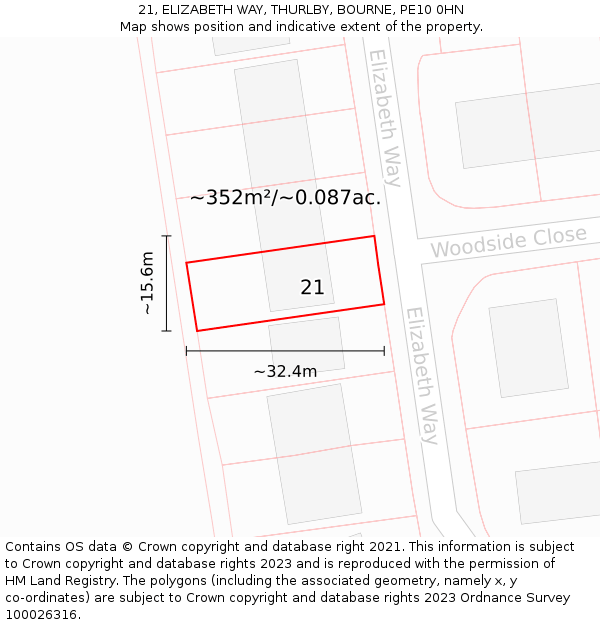 21, ELIZABETH WAY, THURLBY, BOURNE, PE10 0HN: Plot and title map