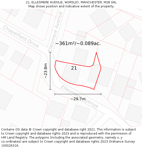 21, ELLESMERE AVENUE, WORSLEY, MANCHESTER, M28 0AL: Plot and title map