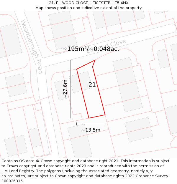 21, ELLWOOD CLOSE, LEICESTER, LE5 4NX: Plot and title map