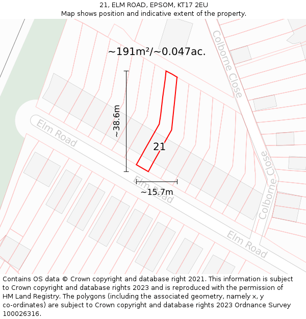 21, ELM ROAD, EPSOM, KT17 2EU: Plot and title map