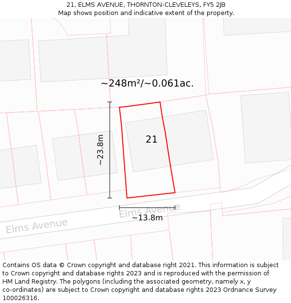 21, ELMS AVENUE, THORNTON-CLEVELEYS, FY5 2JB: Plot and title map