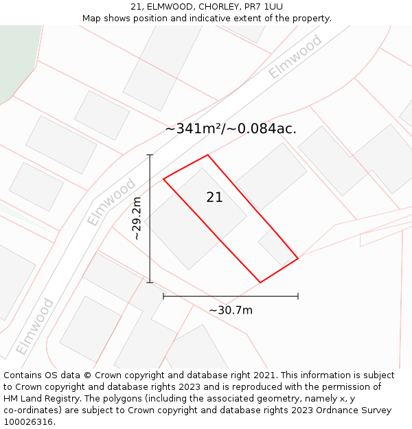 21, ELMWOOD, CHORLEY, PR7 1UU: Plot and title map