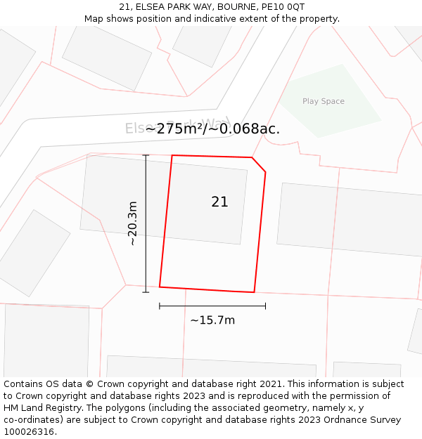 21, ELSEA PARK WAY, BOURNE, PE10 0QT: Plot and title map