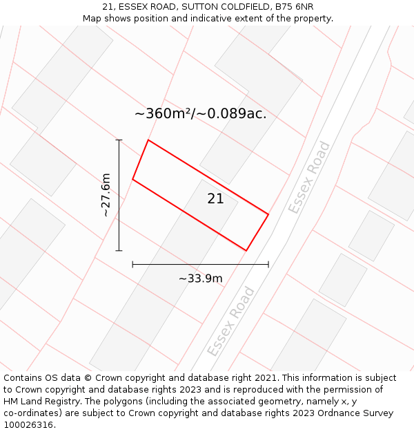 21, ESSEX ROAD, SUTTON COLDFIELD, B75 6NR: Plot and title map