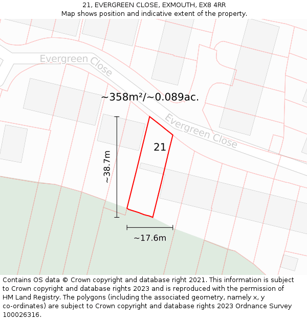 21, EVERGREEN CLOSE, EXMOUTH, EX8 4RR: Plot and title map