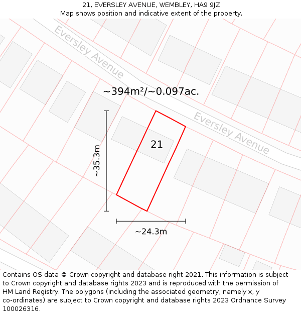 21, EVERSLEY AVENUE, WEMBLEY, HA9 9JZ: Plot and title map