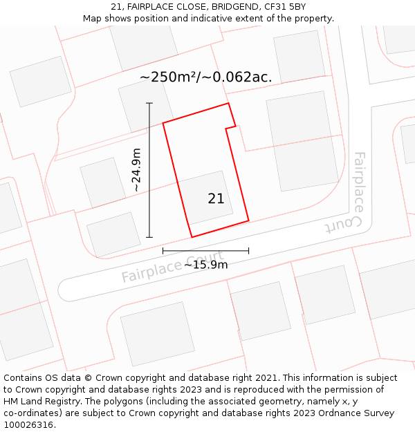 21, FAIRPLACE CLOSE, BRIDGEND, CF31 5BY: Plot and title map