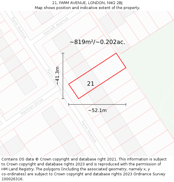 21, FARM AVENUE, LONDON, NW2 2BJ: Plot and title map