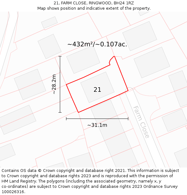 21, FARM CLOSE, RINGWOOD, BH24 1RZ: Plot and title map