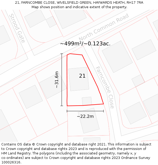 21, FARNCOMBE CLOSE, WIVELSFIELD GREEN, HAYWARDS HEATH, RH17 7RA: Plot and title map