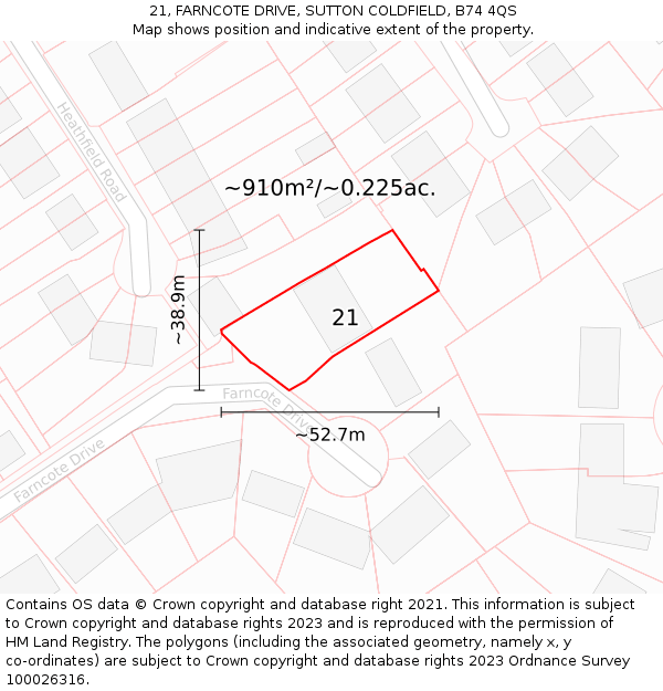 21, FARNCOTE DRIVE, SUTTON COLDFIELD, B74 4QS: Plot and title map