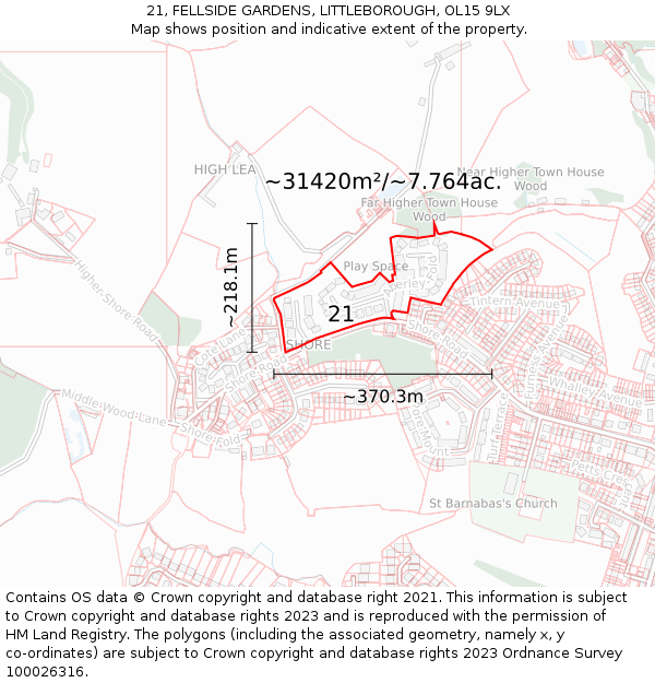 21, FELLSIDE GARDENS, LITTLEBOROUGH, OL15 9LX: Plot and title map