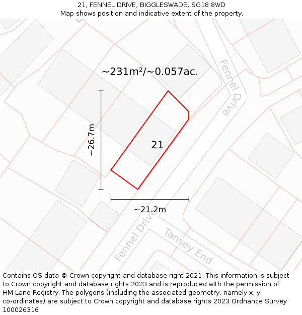 21, FENNEL DRIVE, BIGGLESWADE, SG18 8WD: Plot and title map