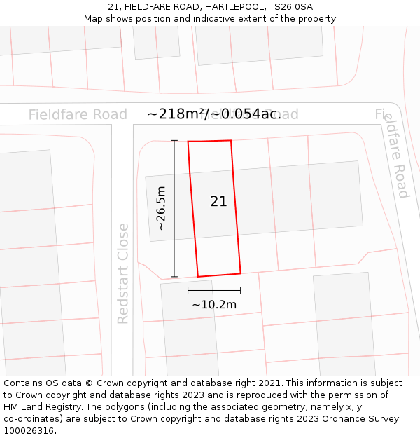 21, FIELDFARE ROAD, HARTLEPOOL, TS26 0SA: Plot and title map