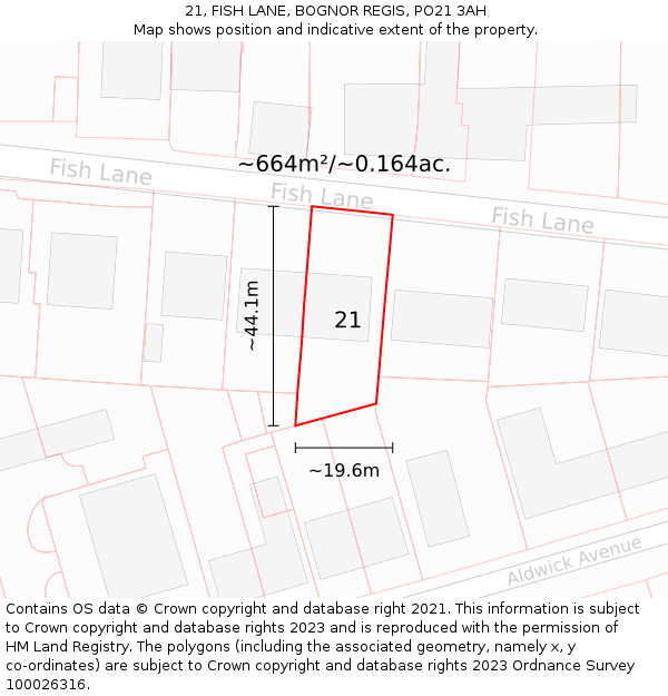 21, FISH LANE, BOGNOR REGIS, PO21 3AH: Plot and title map