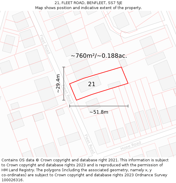 21, FLEET ROAD, BENFLEET, SS7 5JE: Plot and title map