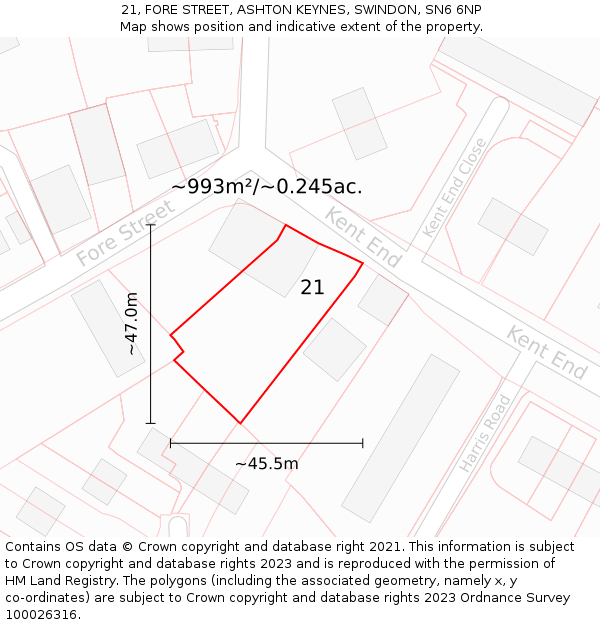 21, FORE STREET, ASHTON KEYNES, SWINDON, SN6 6NP: Plot and title map