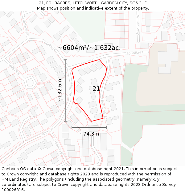 21, FOURACRES, LETCHWORTH GARDEN CITY, SG6 3UF: Plot and title map