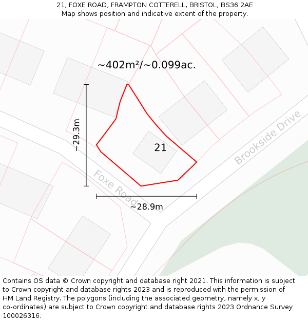 21, FOXE ROAD, FRAMPTON COTTERELL, BRISTOL, BS36 2AE: Plot and title map