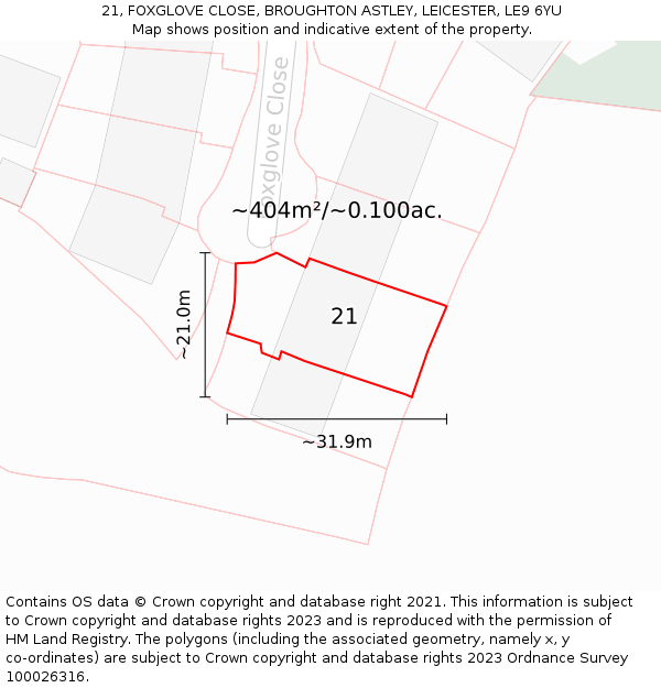 21, FOXGLOVE CLOSE, BROUGHTON ASTLEY, LEICESTER, LE9 6YU: Plot and title map