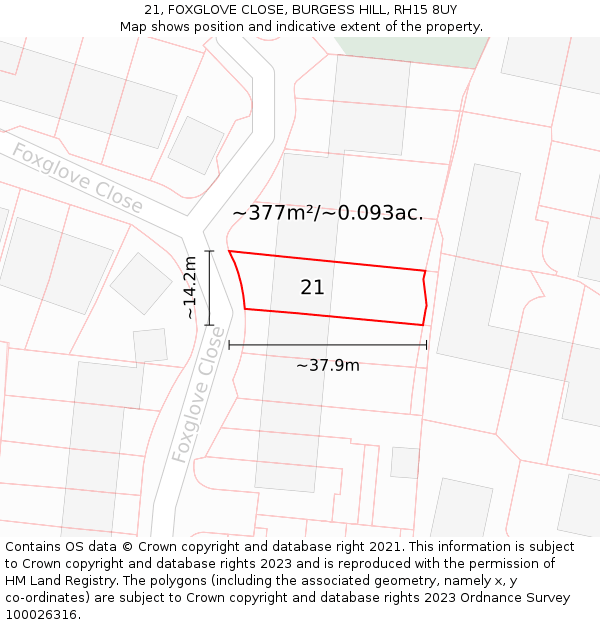 21, FOXGLOVE CLOSE, BURGESS HILL, RH15 8UY: Plot and title map