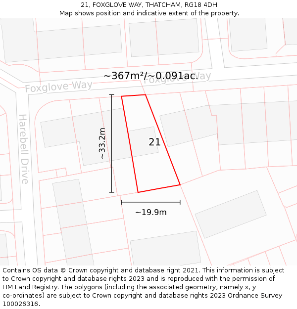 21, FOXGLOVE WAY, THATCHAM, RG18 4DH: Plot and title map