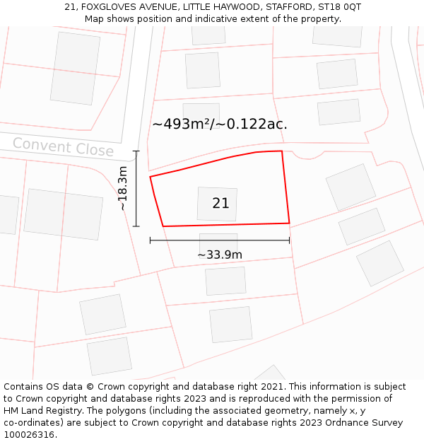 21, FOXGLOVES AVENUE, LITTLE HAYWOOD, STAFFORD, ST18 0QT: Plot and title map