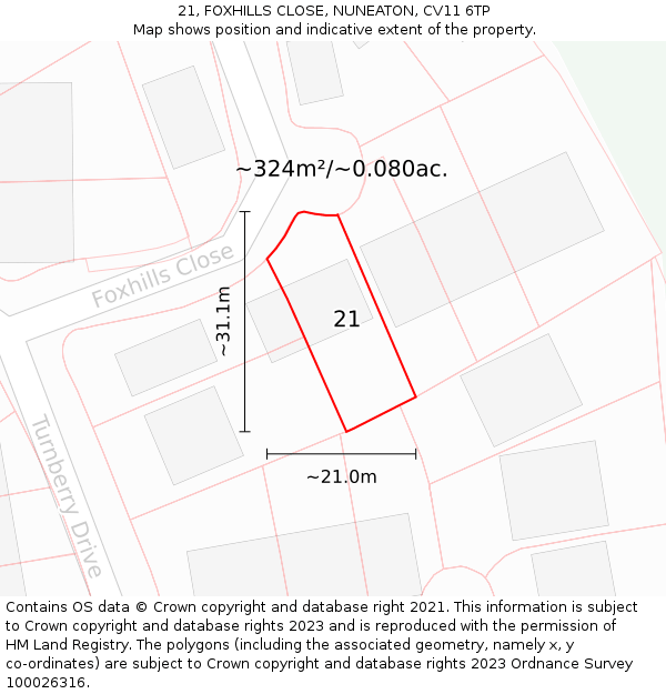 21, FOXHILLS CLOSE, NUNEATON, CV11 6TP: Plot and title map