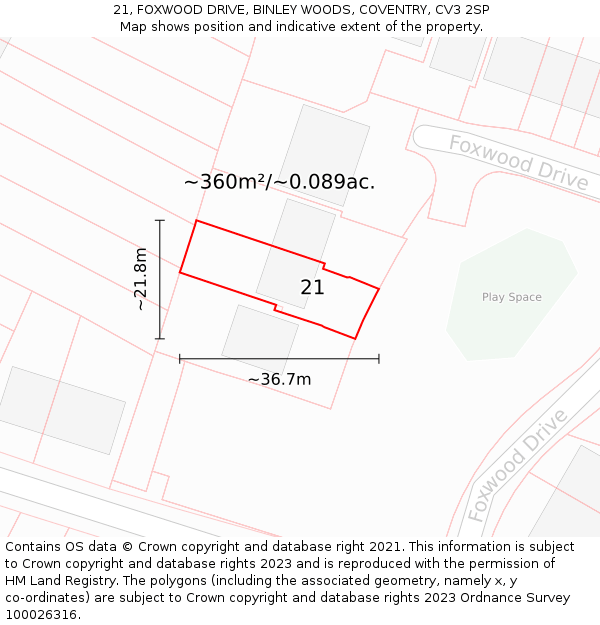 21, FOXWOOD DRIVE, BINLEY WOODS, COVENTRY, CV3 2SP: Plot and title map