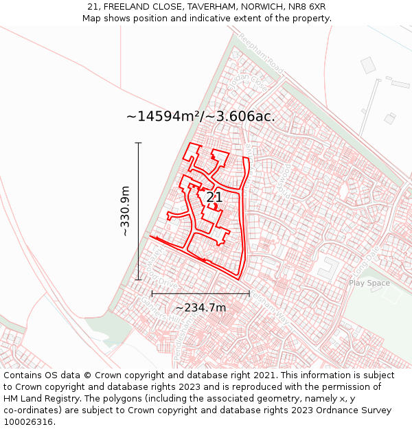 21, FREELAND CLOSE, TAVERHAM, NORWICH, NR8 6XR: Plot and title map